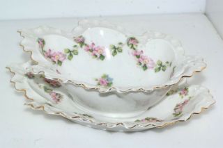 Antique Austria W China Porcelain Gravy Boat W Plate Pink/green Floral 1900 