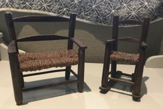 Pair Antique Miniature Hand Made Rush Bottom Settee And Rocking Chair For Dolls