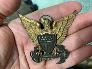 Rare Wwii Us Coast Guard Officers Sterling & 10k Filled Hat Badge Wow