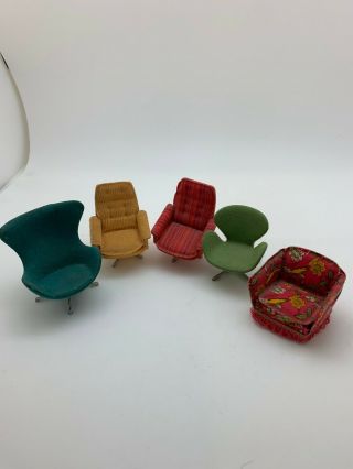 Rare 1970s Vintage Lundby Dollhouse Furniture Set Of 5 Cloth Upholstered Chairs
