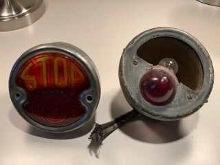 Two Old Antique Vintage 1920s Stop Tail Lights Lamps Brown Bi - Lite