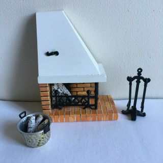 Vintage Lundby Dollhouse Wooden Corner Fireplace W/ Fire Tools And Logs Ex Cond