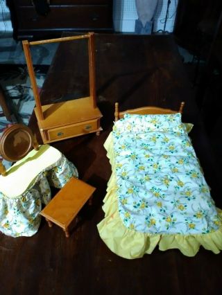 Vintage Wood Dollhouse Bedroom Set Bed Table Vanity