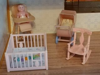 5 Vintage Miniature Renwal Dollhouse Pink Baby Nursery Playpen Carriage Rocker