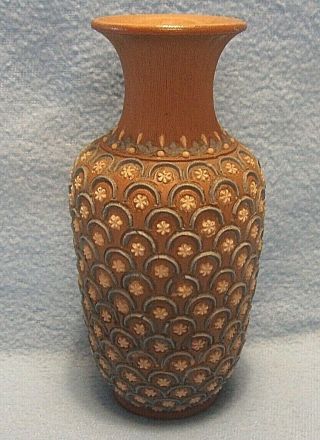 1890s Doulton Lambeth Silicon Ware Vase Brown W Raised Blue Fish Scale & Stars