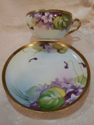 Antique Nippon Tea Cup & Saucer Handpainted Violets Ornate Gold Rim & Highlights