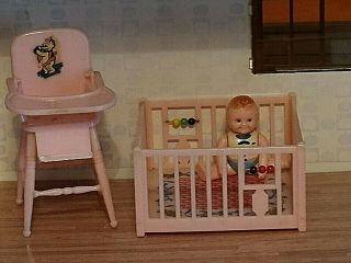 Vintage Miniature Renwal Dollhouse Nursery Stenciled Playpen High Chair & Baby