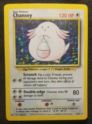 Chansey - 3/102 - 1999 Base Set - Pokemon Card - Holo Rare - Lightly Played