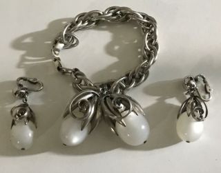 Rare Vintage 1950’s Signed Napier White Moon Glow Cumquat Bracelet & Earrings