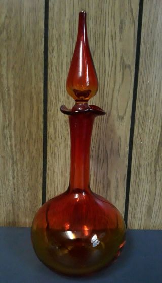 Vintage Hand Blown Art Glass Decanter Ruby Red Orange,  Stopper