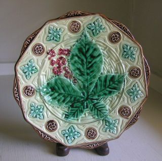 Antique Majolica Plate With A Leaf And Medallions