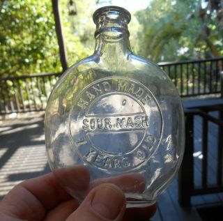 Antique Prepro Embossed Pumpkinseed Whiskey Flask Hand Made Sour Mash 7 Yrs Old