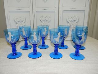 Rare Vintage Set Of 8 Fenton Mary Gregory Blue Hand Painted Stemmed Cordials Nr