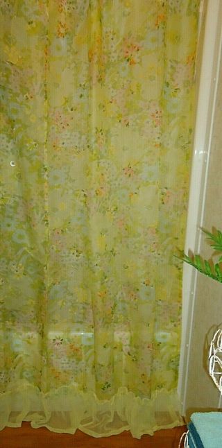 Vtg/antique Sheer Flocked Curtain Bath Panel Romantic Yellow Floral 80 " Ruffle