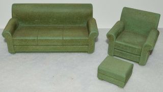 Vintage Strombecker Green Flocked Sofa Couch & Chair Miniatures For Dollhouse