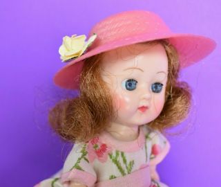 Vintage 8 " Hard Plastic Vogue Ginny Type Walker Doll Reddish Brown Wig Dress Hat