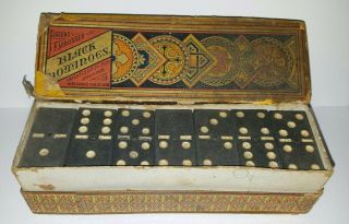 Antique 1874 Double Nine Black Dominos Complete Tongue & Groove Box