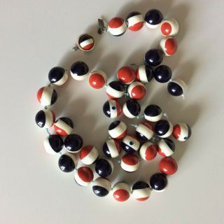 Vintage Necklace Beads Striped Red White Blue Broken Re Purpose Craft