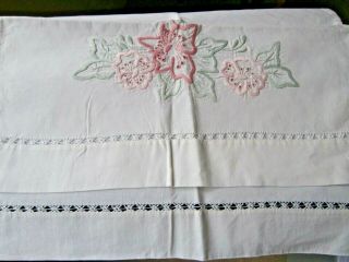 Vintage Off White Cotton Table Runner With Hand Worked Pink Embroidery 34 " X 18 "