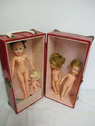 Vintage Red Metal Doll Trunk Small 12 1/2 " With Penny Brite Dolls (2) Miss Coty