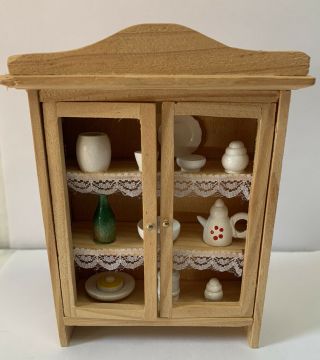 Vintage Miniature Dollhouse 1:16 Scale Wood Hutch China Cabinet With Dishes