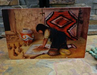 Antique Native American Postcard Indian Girl Molding Rain Gods Navajo Textiles