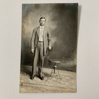 Antique Rppc Real Photograph Postcard Handsome Young Man Tie Pocket Watch Chain