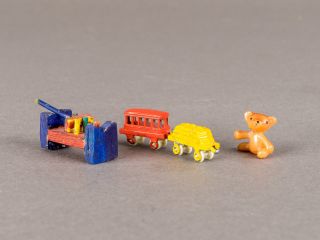 Vintage Dollhouse Miniature Children Toys Train Cars Pounding Bench Teddy Bear