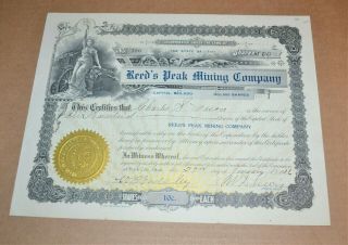 Reed’s Peak Mining Company 1916 Antique Stock Certificate – Park City Silver