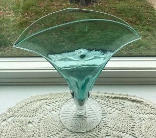 Vintage 12 " Blenko Glass Pedestal Fan Vase Sea Green Blue Mcm Rare