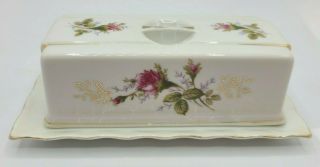 Vintage Porcelain 2 Piece Butter Dish Made In Japan - Roses And Gold Trim