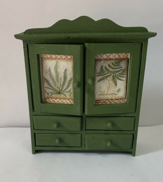 Miniature Doll House China Cabinet Dining Hutch Hand Painted Green Floral 1:16