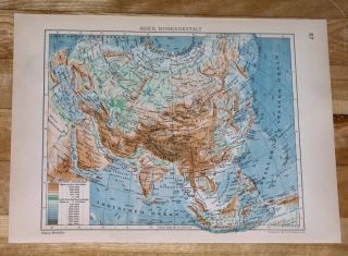 1929 Vintage Physical Map Of Asia Himalaya China Russia Saudi Arabia