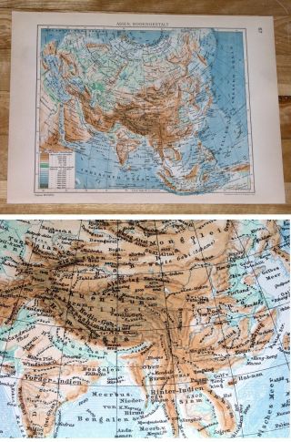 1929 VINTAGE PHYSICAL MAP OF ASIA HIMALAYA CHINA RUSSIA SAUDI ARABIA 2