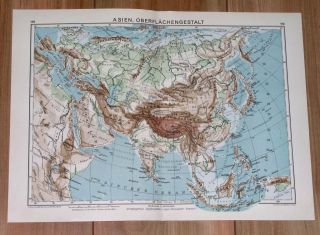 1932 Vintage Physical Map Of Asia China Japan Indonesia Russia India