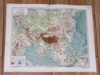 1905 Rare Antique Russian Physical Map Of Asia China India Japan Saudi Arabia