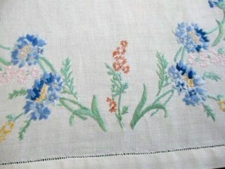 Vintage Table Runner - Hand Embroidered Flowers - 18 " X 43 - Linen