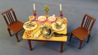 Dollhouse Furniture Formal Dining Room Table 2 Chairs And Silverware