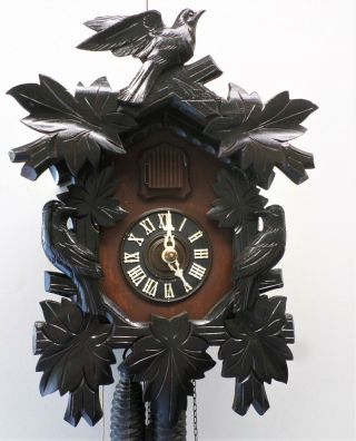 Rare Early Euramca Black Forest Deeply Hand Carved 3 Bird German Cuckoo Clock