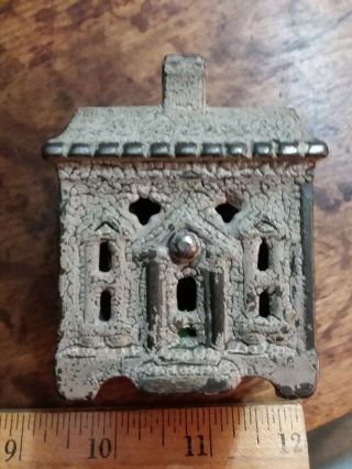 Antique Cast Iron Still Bank House W/old Checked Paint; 2 - 1/8 " X 1 - 7/8 " X 3 "