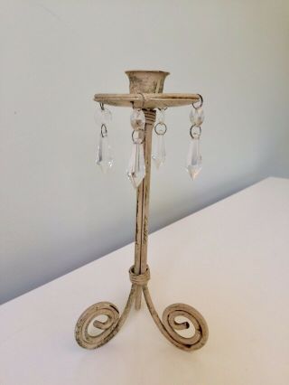 Cream Wrought Iron Steel Candle Holder Drop Crystals Vintage Style