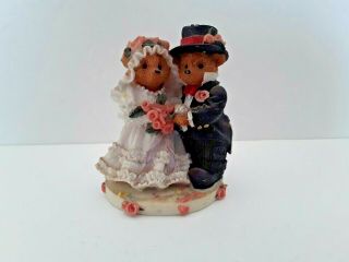Cute Vintage Bear Wedding Cake Topper - Bride And Groom Flowers
