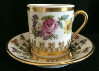 Rudolf Wachter Demitasse Espresso Cup&saucer Flowers On White W/gold Accents