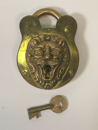 Antique 1896 Lion Head Brass Padlock W/ Key Rare
