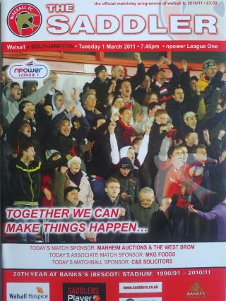 Walsall V Southampton 1/3/2011 Npower League One.  Rare
