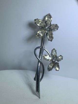 Vintage Antique Silver Tone Flowers Brooch Pin Navette Rhinestones Czechoslovaki