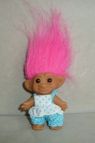 1960s Vintage 3 " Uneeda Wishnik Troll Doll W Pink Hair & Blue Polka Dot Outfit