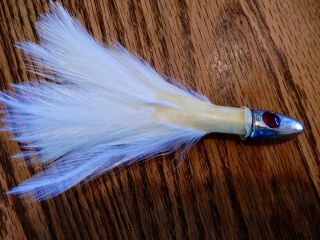 Vintage Tuna Feather Jig 40 Years Old Nos Pure White Feather With Red Jewel Eye
