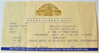 Elvis Costello Rare Concert Ticket Thursday 7th July 1994 Royal Albert Hall U.  K.