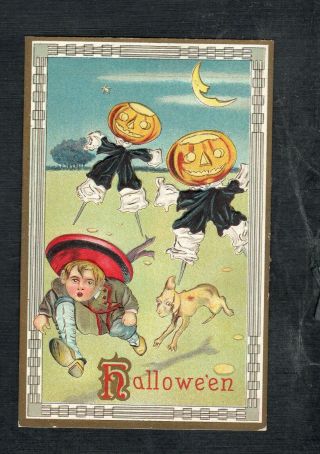 B208 Antique Postcard Halloween Boy Dog Running From Jol Men